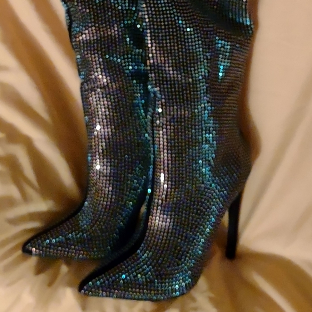 Thigh High Black Rhinestone Boots Size 7